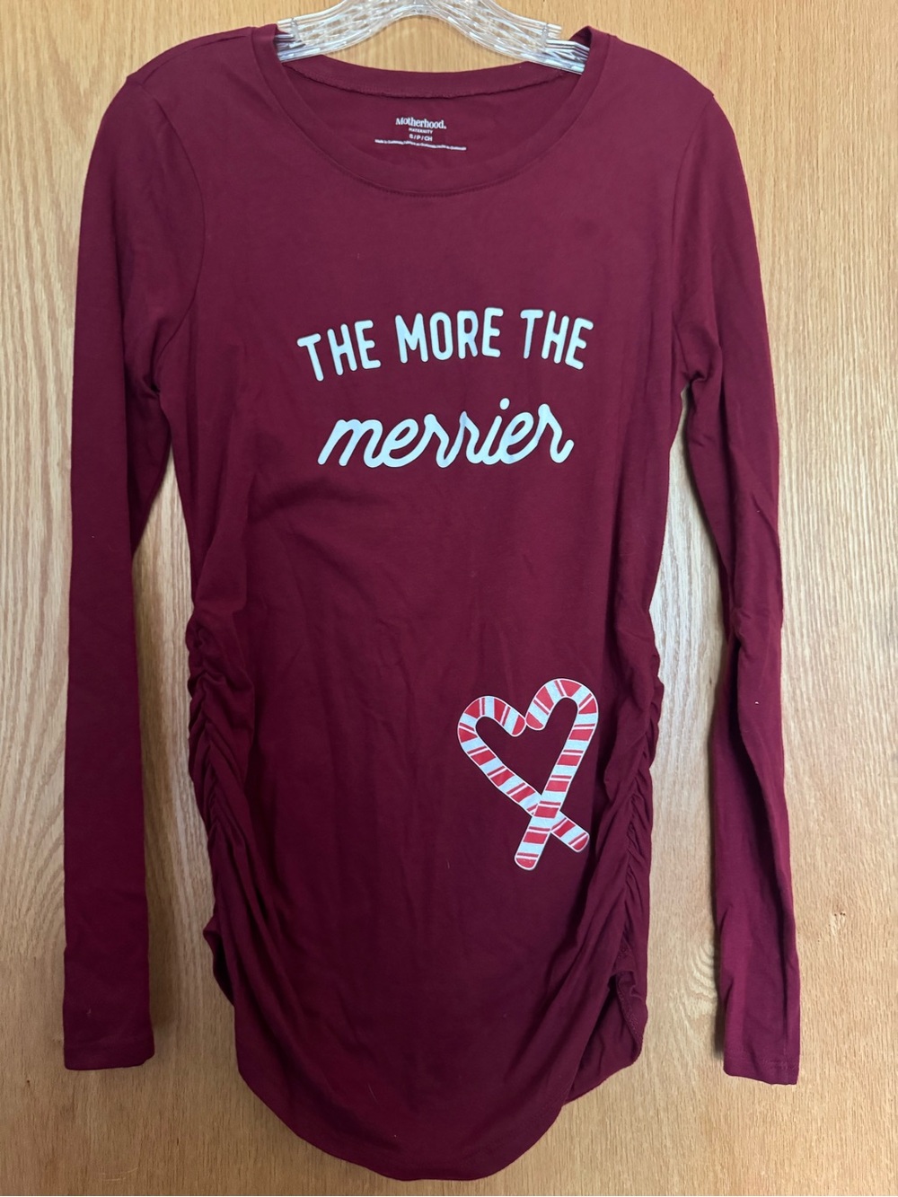 Motherhood Burgundy Long-Sleeve Maternity Tee with Candy-Cane Heart